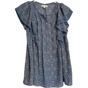 Max Studio Blouse Top Sz XS Blue White Floral Ruffle Summer Spring Easter Casual